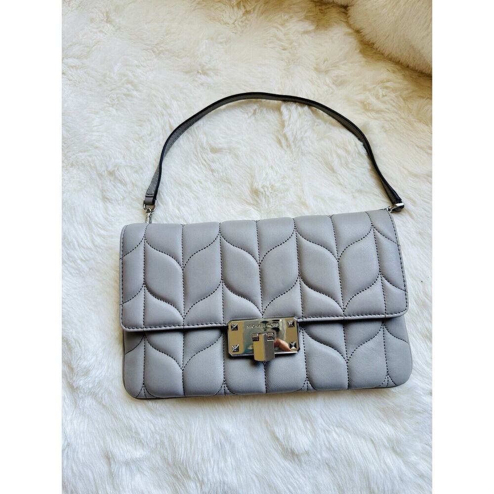 NWT Michael Kors Peyton Clutch Large Quilted Clutch Shoulder Bag Pearl Grey $328